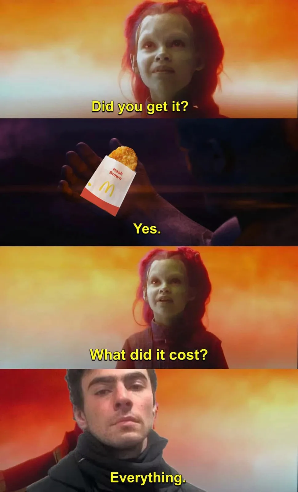 A three-panel meme featuring a young girl with red hair asking if someone got a McDonald's hash brown, then asking what it…