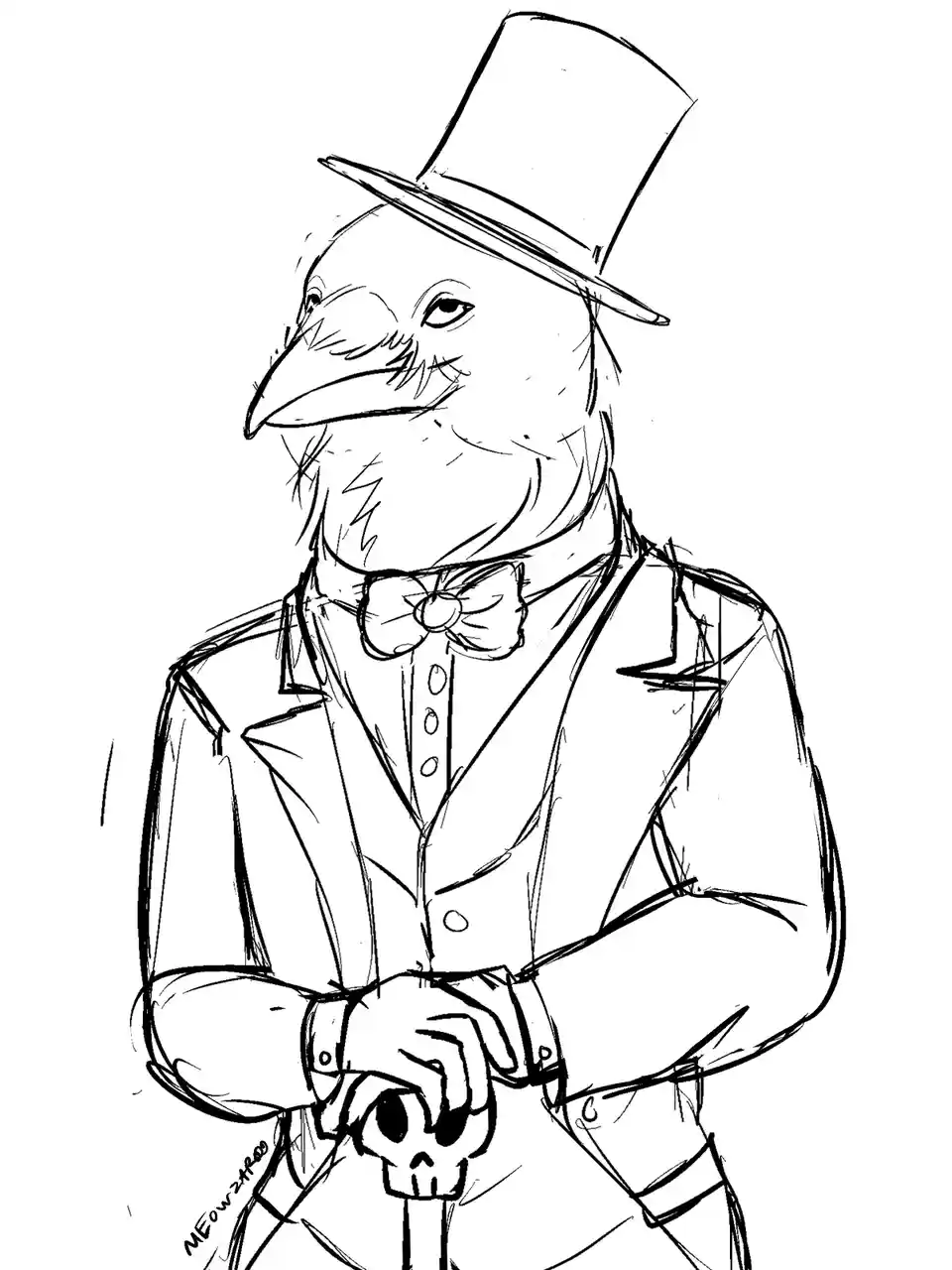 A black-and-white line drawing shows a bird with a long beak wearing a top hat, a formal suit with a bow tie, and holding a…
