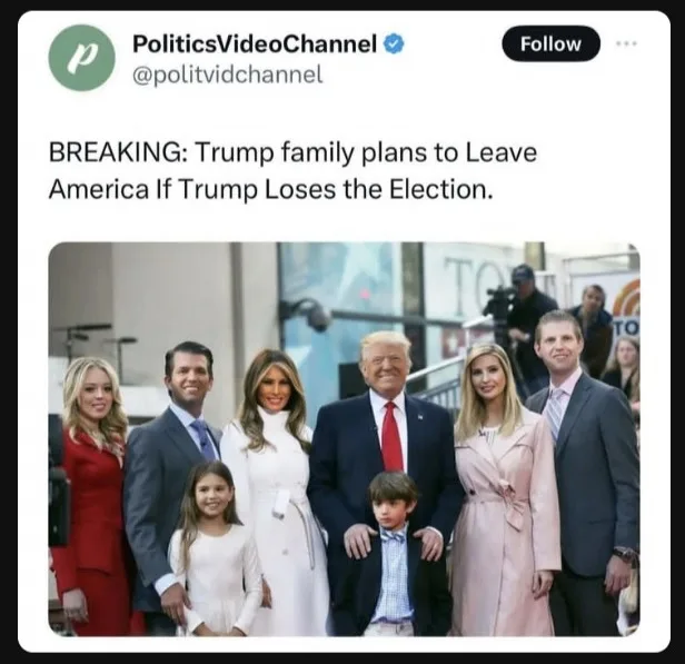 A screenshot of a tweet from PoliticsVideoChannel shows a photo of Donald Trump and his family posing together. The overlaid…