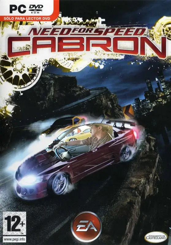 The image is a parody video game cover for 'Need for Speed Cabron,' featuring a red sports car speeding on a cliffside road…