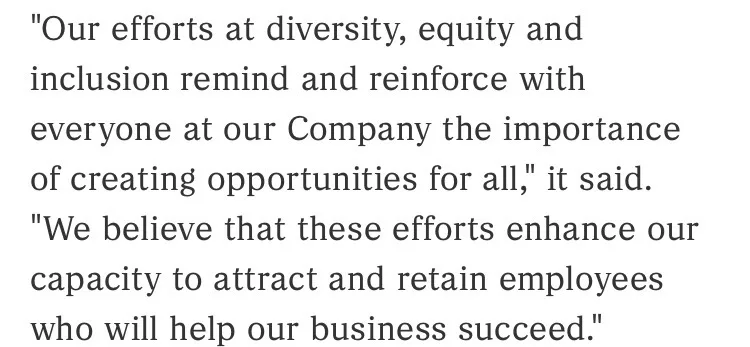The image displays two paragraphs of text in a formal corporate tone, discussing diversity, equity, and inclusion…