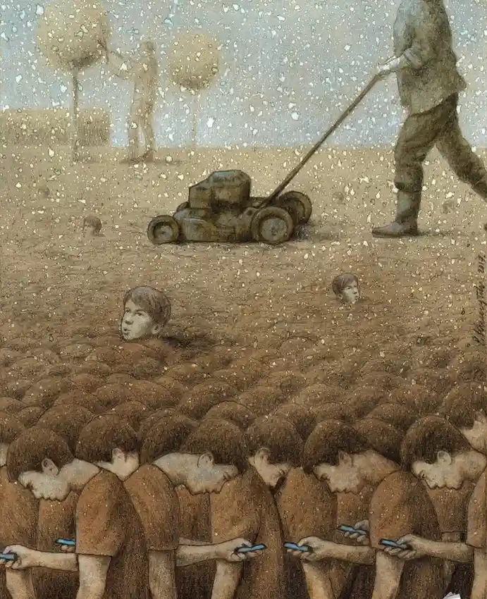 An illustration depicts a person pushing a lawnmower across a field where countless children are buried up to their necks…