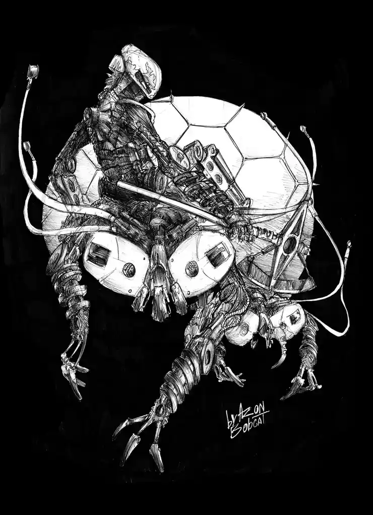 A black-and-white sketch depicts a grotesque, biomechanical creature with a soccer ball for a head, mechanical limbs, and…