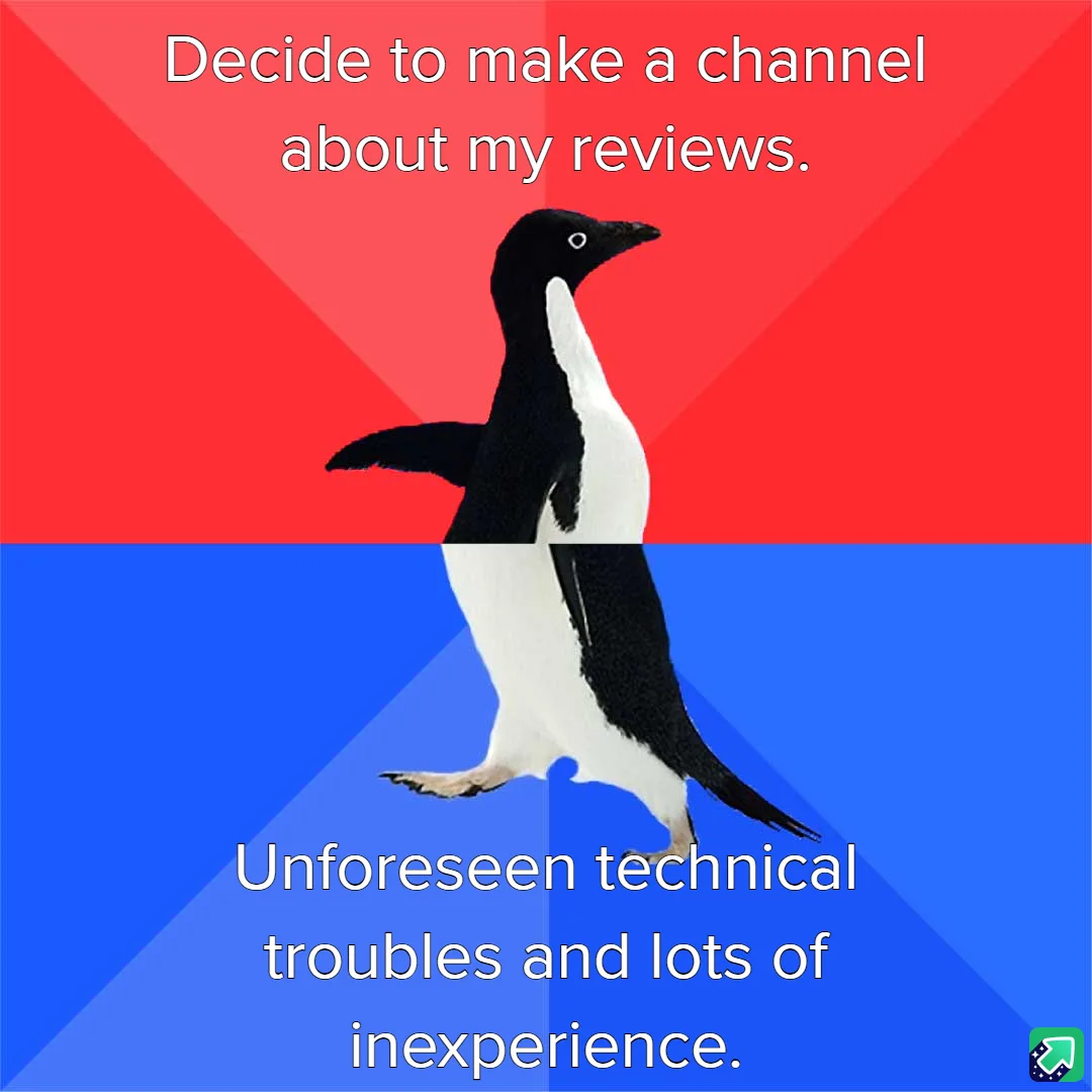 A penguin stands centered against a red and blue background, split horizontally. White text at the top reads 'Decide to make…