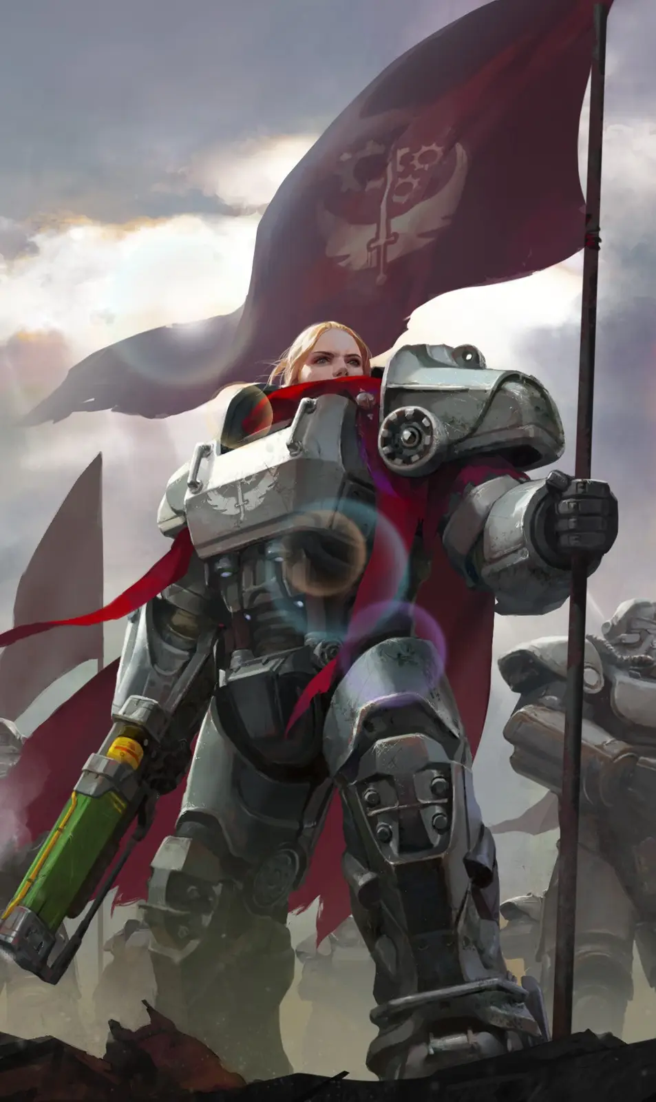 A female warrior in heavy, detailed silver armor stands heroically, holding a flagpole with a large red flag bearing a white…