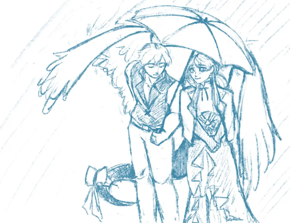 A blue pencil sketch shows two anime-style characters with large angel wings standing under an umbrella in a rainstorm. The…