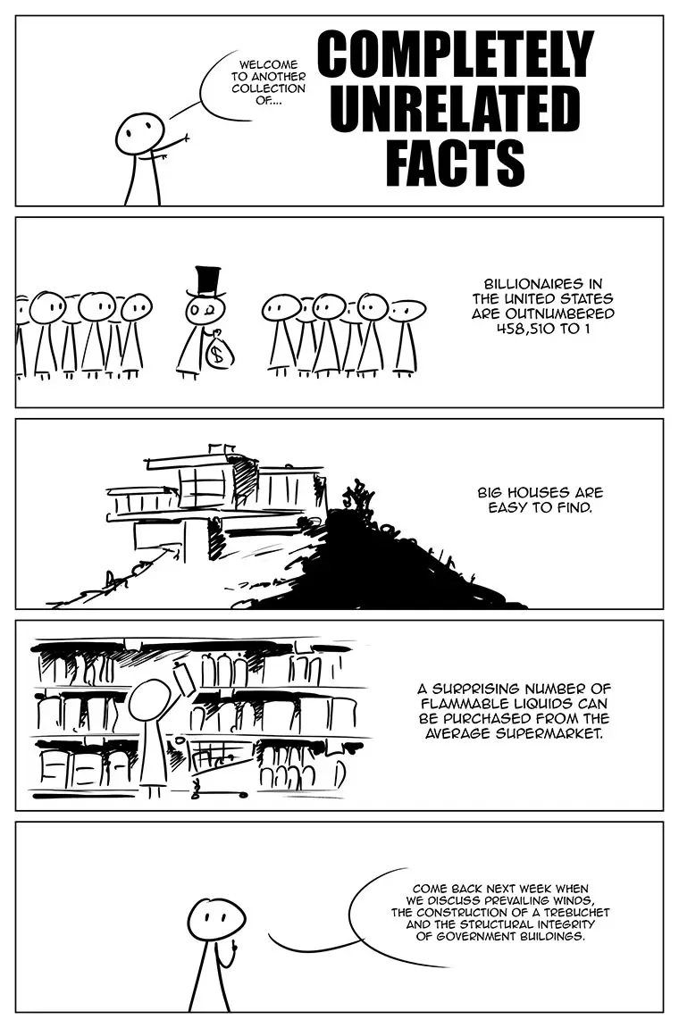A four-panel comic strip with stick-figure drawings. The first panel shows a stick figure introducing 'COMPLETELY UNRELATED…