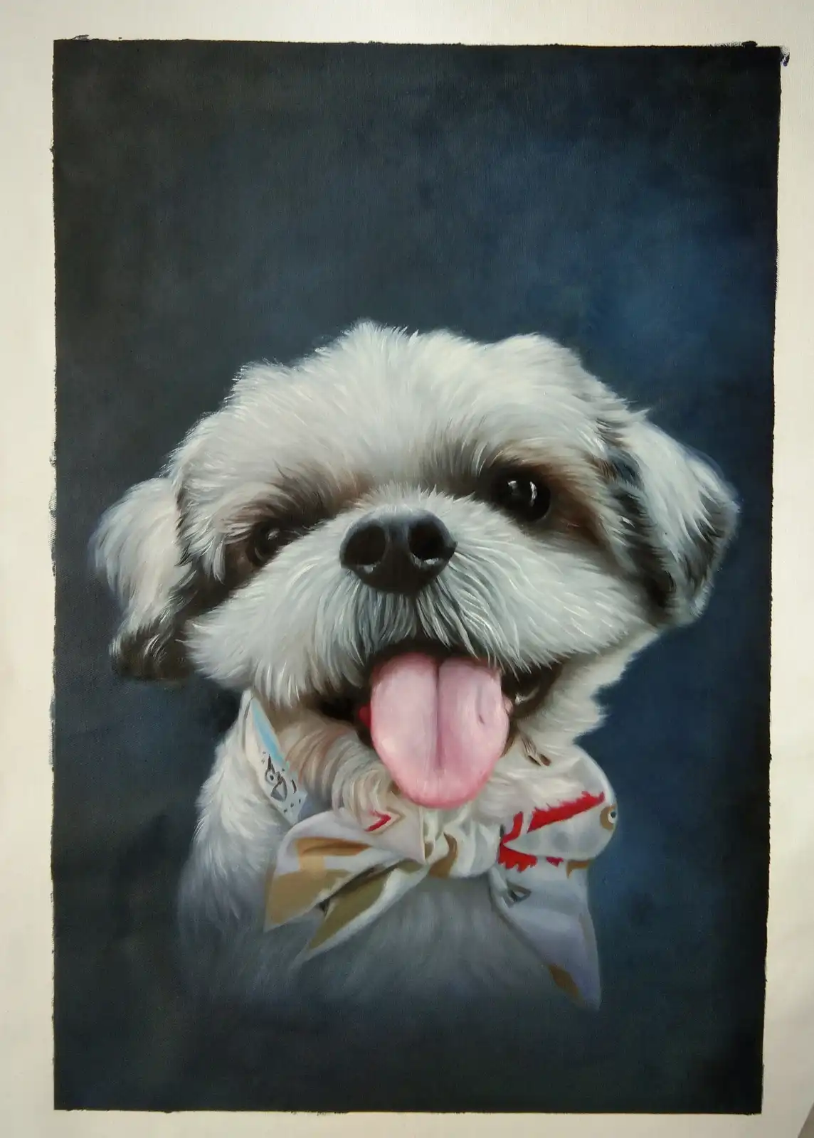 A realistic painting of a small white dog with floppy ears and a pink tongue sticking out, wearing a patterned scarf against…
