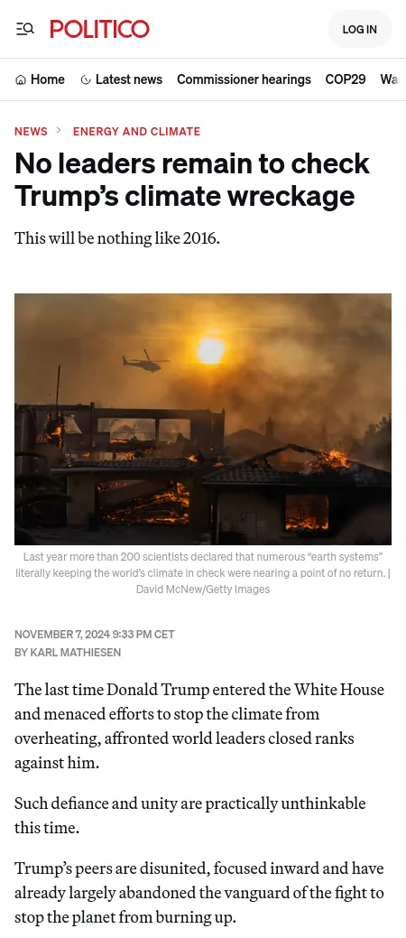A screenshot of a Politico news article with a photo of a house fire at sunset, a helicopter flying overhead, and the…