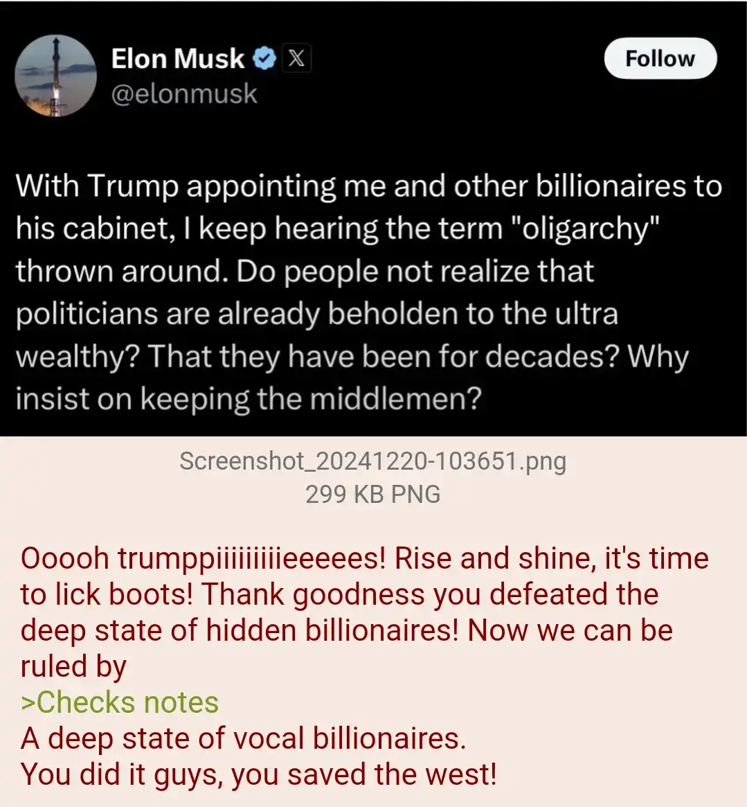 The image displays a screenshot of a tweet from Elon Musk's X account, where he questions the use of the term 'oligarchy' in…