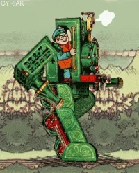 A green, cartoonish robot with a human-like operator inside its cockpit walks across a landscape. The operator, wearing a…