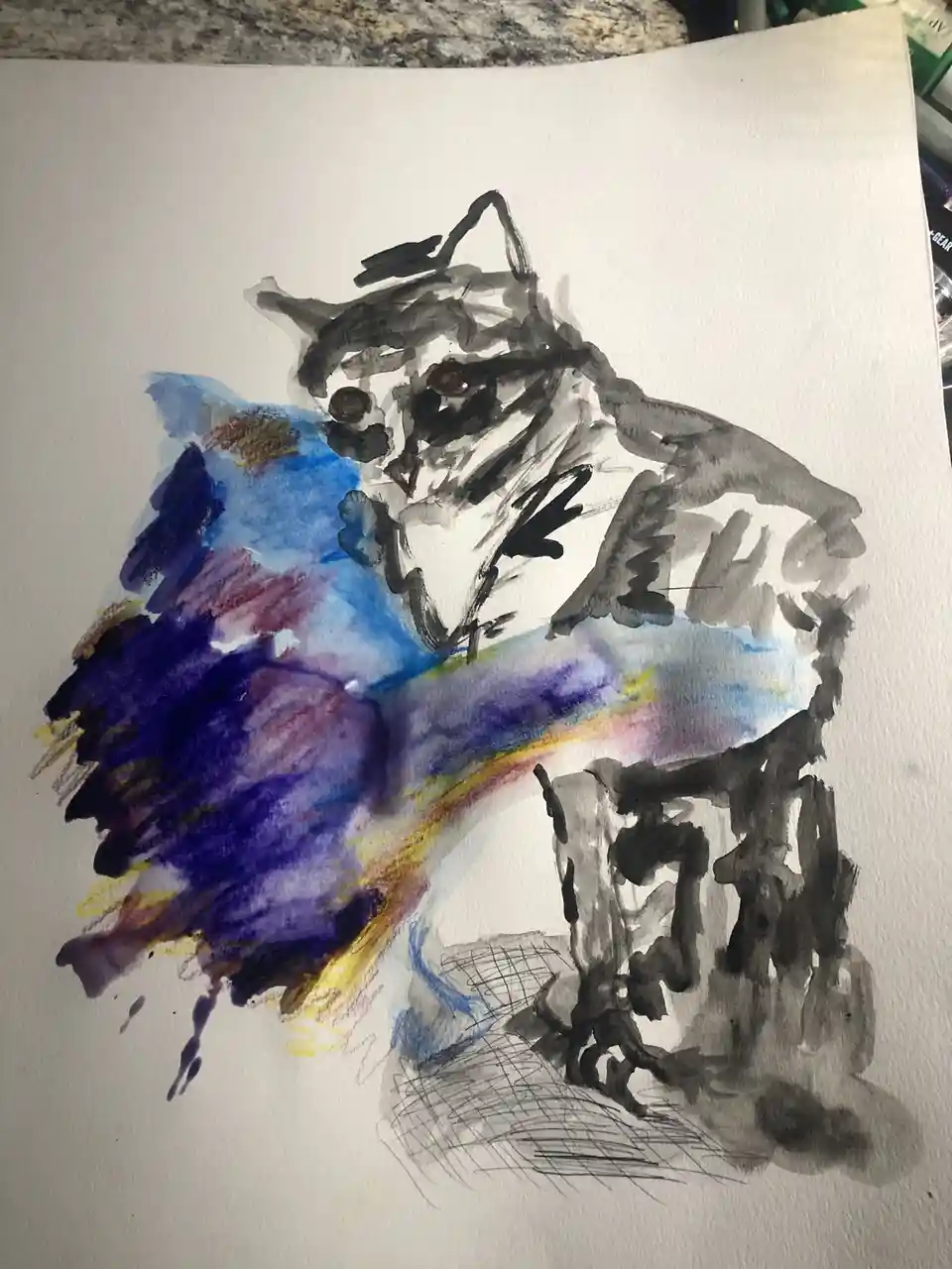 A watercolor painting shows a cat drawn in black ink with a colorful, abstract rainbow-like splash of blue, purple, yellow…