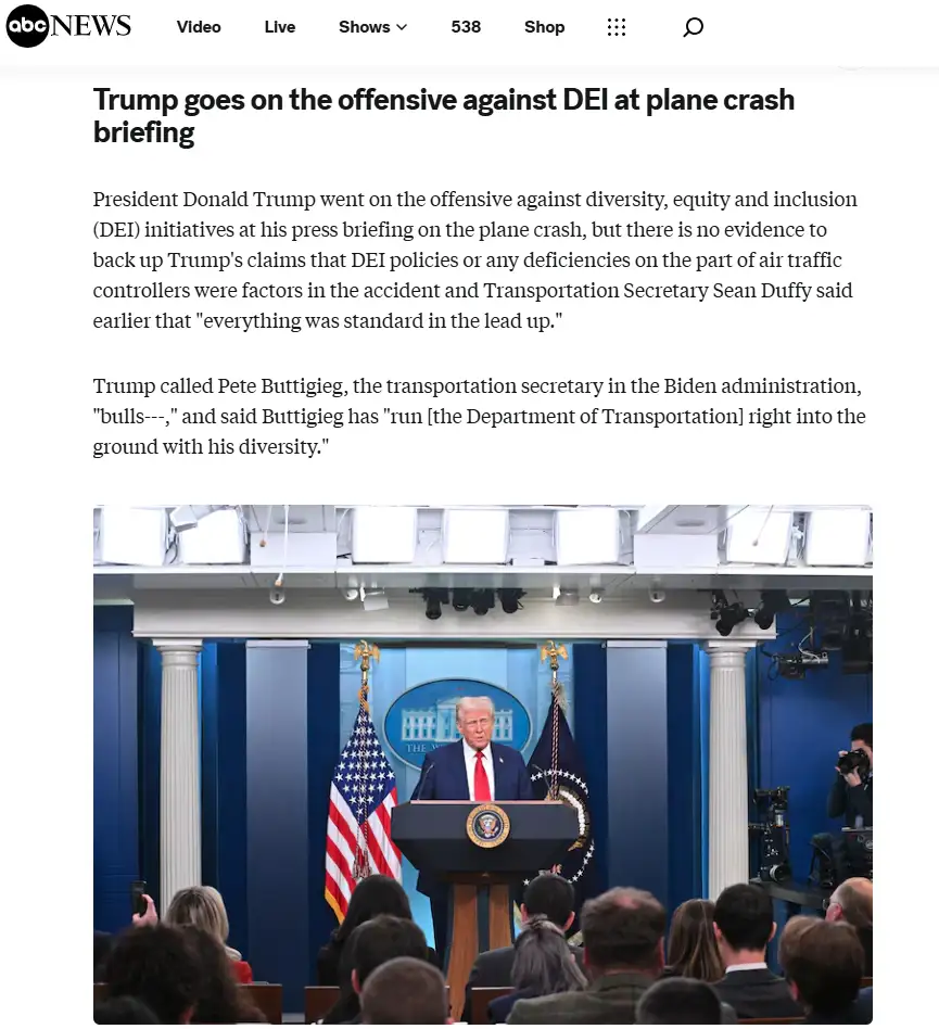 A screenshot of an abc news article about trump criticizing dei at a press briefing, overlaid with the text 'trump goes on…
