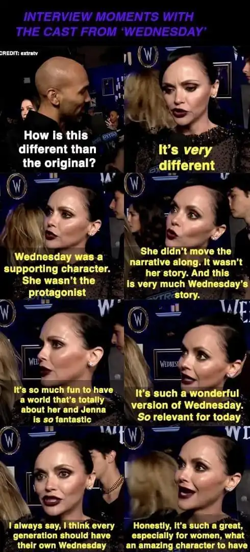 A collage of six interview clips featuring actress Jenna Ortega discussing the 2022 Netflix series 'Wednesday'. She is shown…