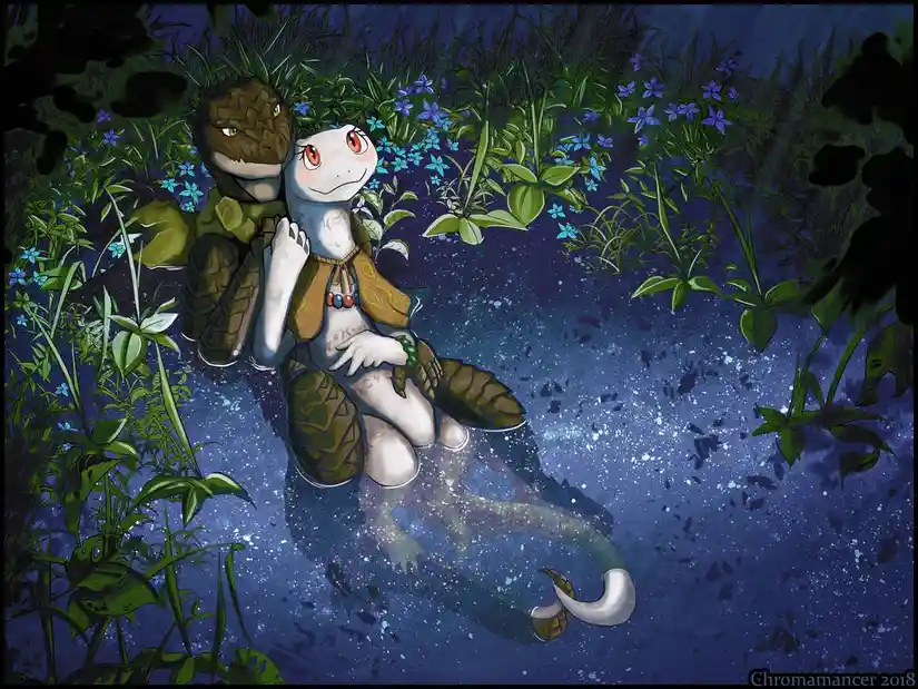Two anthropomorphic reptilian characters, one with a brown scaly head and the other with a white face and red eyes, are…
