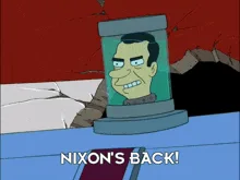 The meme shows six panels: three depict Richard Nixon's head in a glass jar emerging from a cracked wall, his expression…