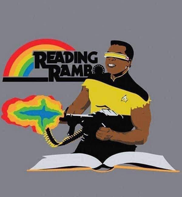 A cartoon illustration shows a Black man in a Star Trek-style yellow and black uniform, wearing a yellow blindfold, holding…