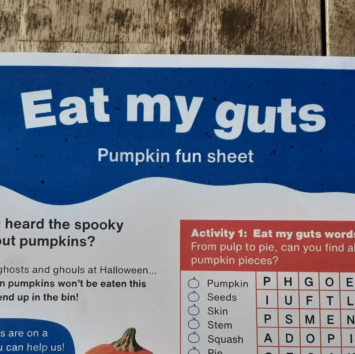 A close-up of a children's 'Pumpkin fun sheet' with a blue header reading 'Eat my guts'. Below, a word search puzzle titled…