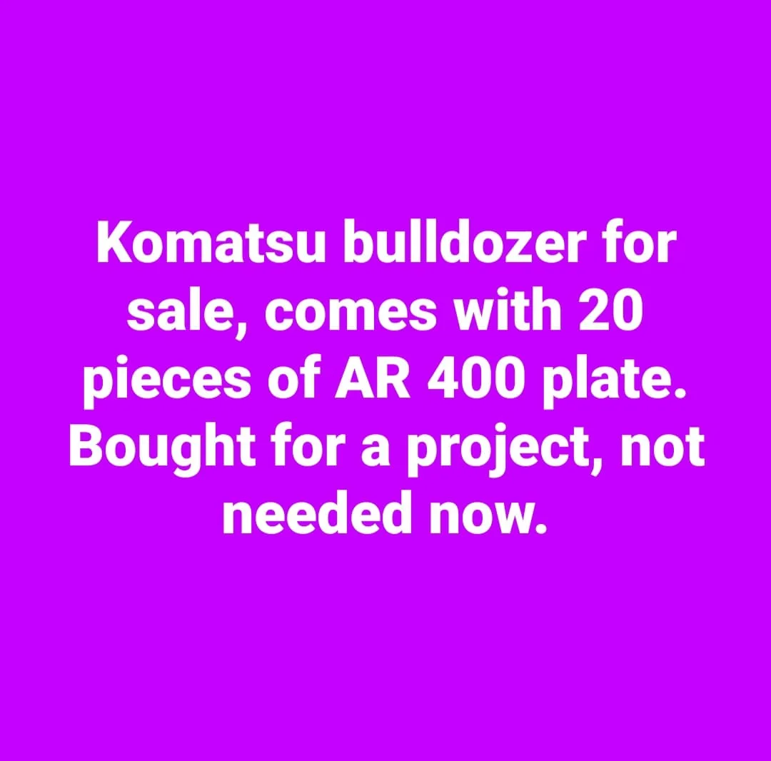 A solid purple background with white text that reads: 'Komatsu bulldozer for sale, comes with 20 pieces of AR 400 plate…