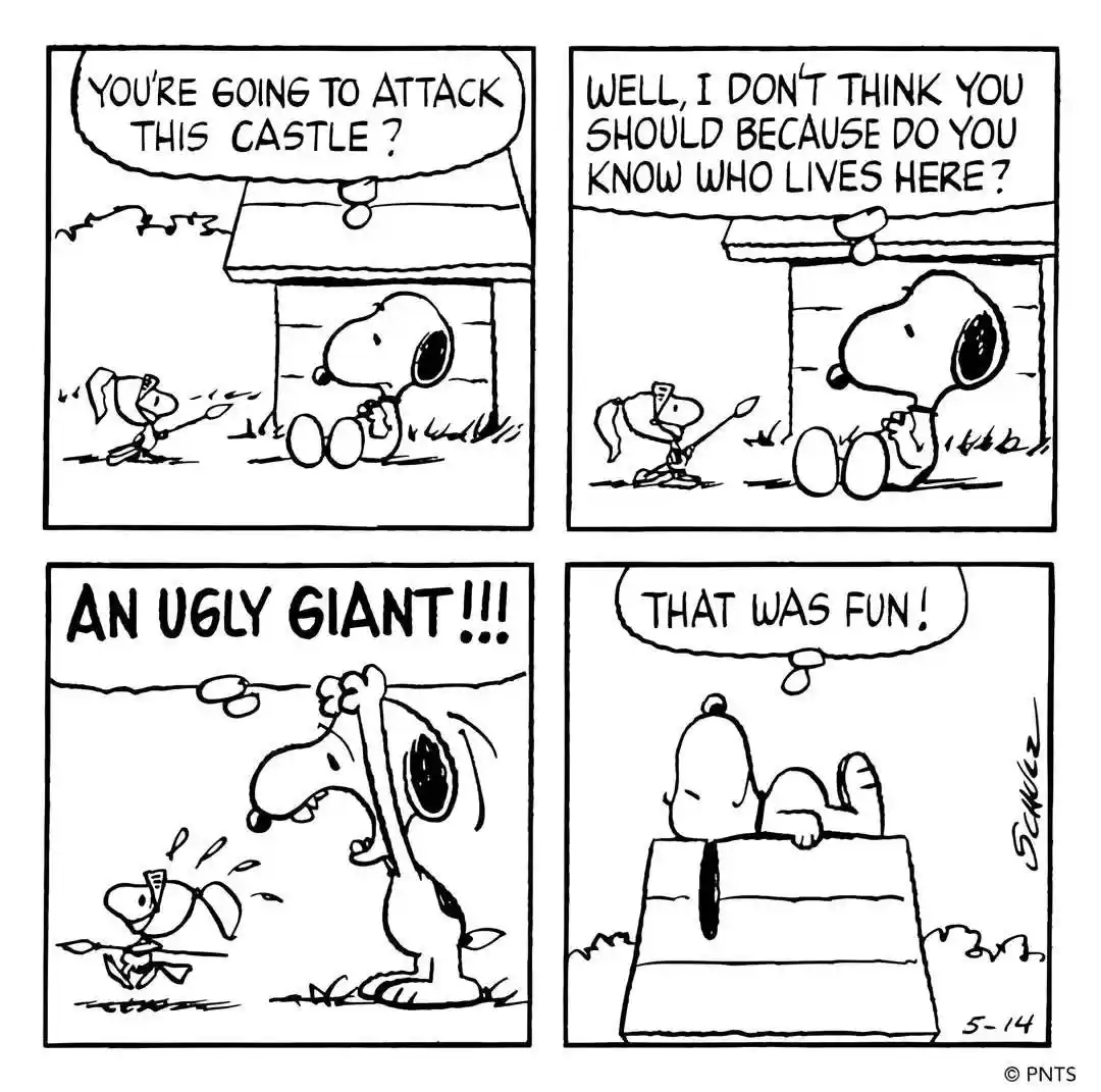 A four-panel Peanuts comic strip shows Snoopy, dressed as a knight, confronting a castle. He asks if he should attack it…