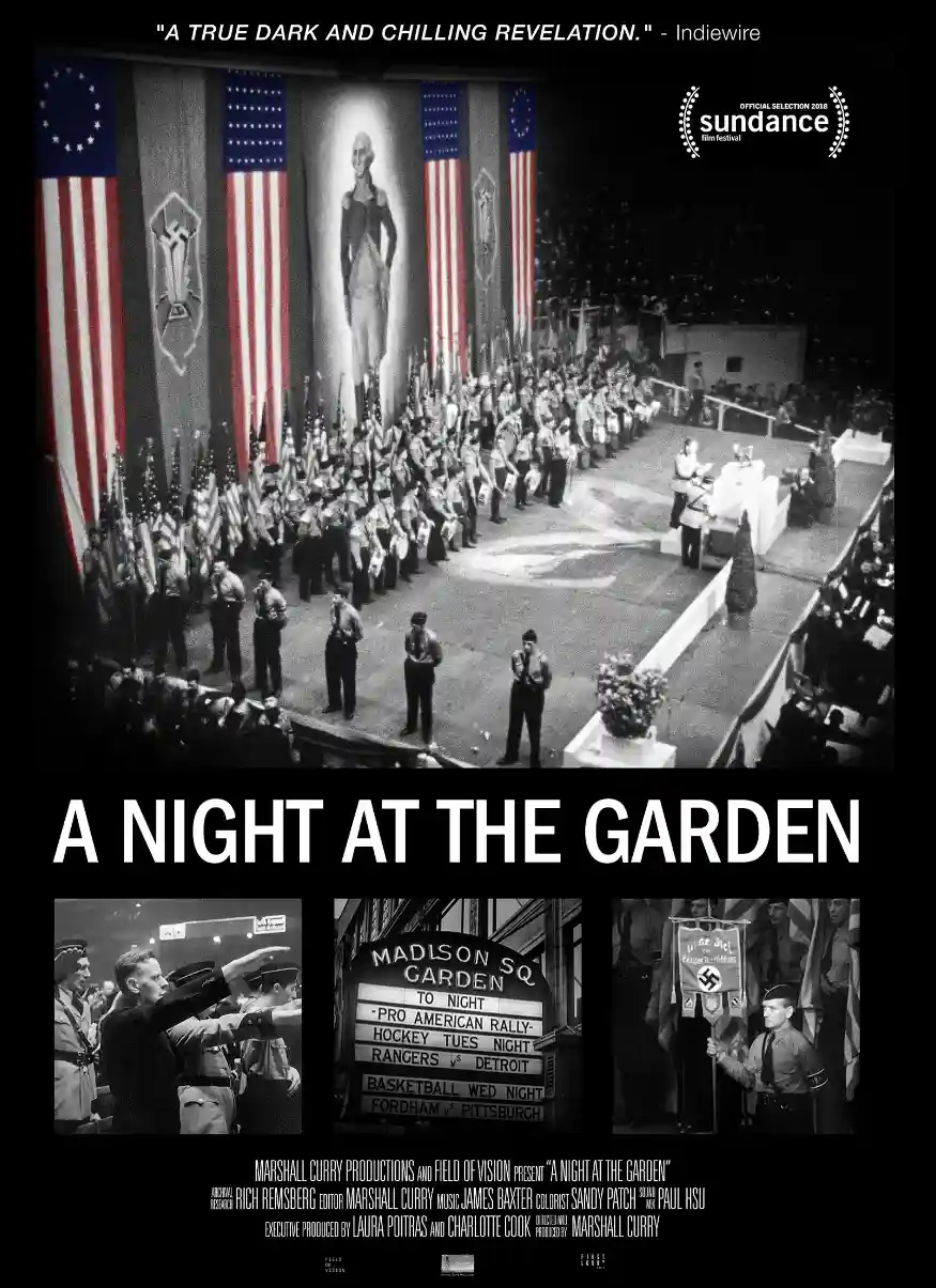 A black-and-white movie poster parody titled 'A Night at the Garden' features a large crowd in a stadium-like setting with…