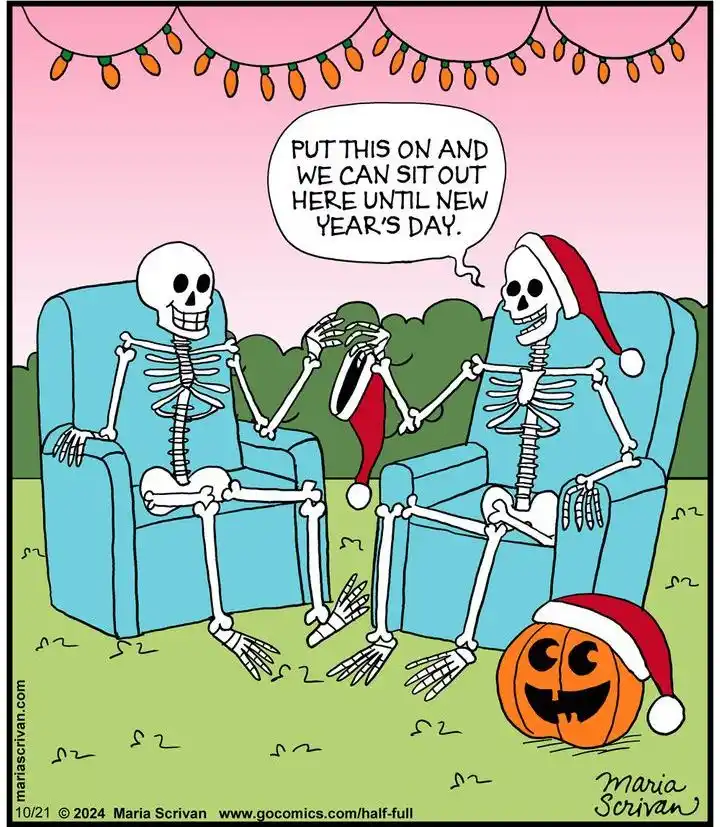 Two cartoon skeletons sit in blue armchairs outdoors under string lights. One skeleton, wearing a red Santa hat, holds out a…