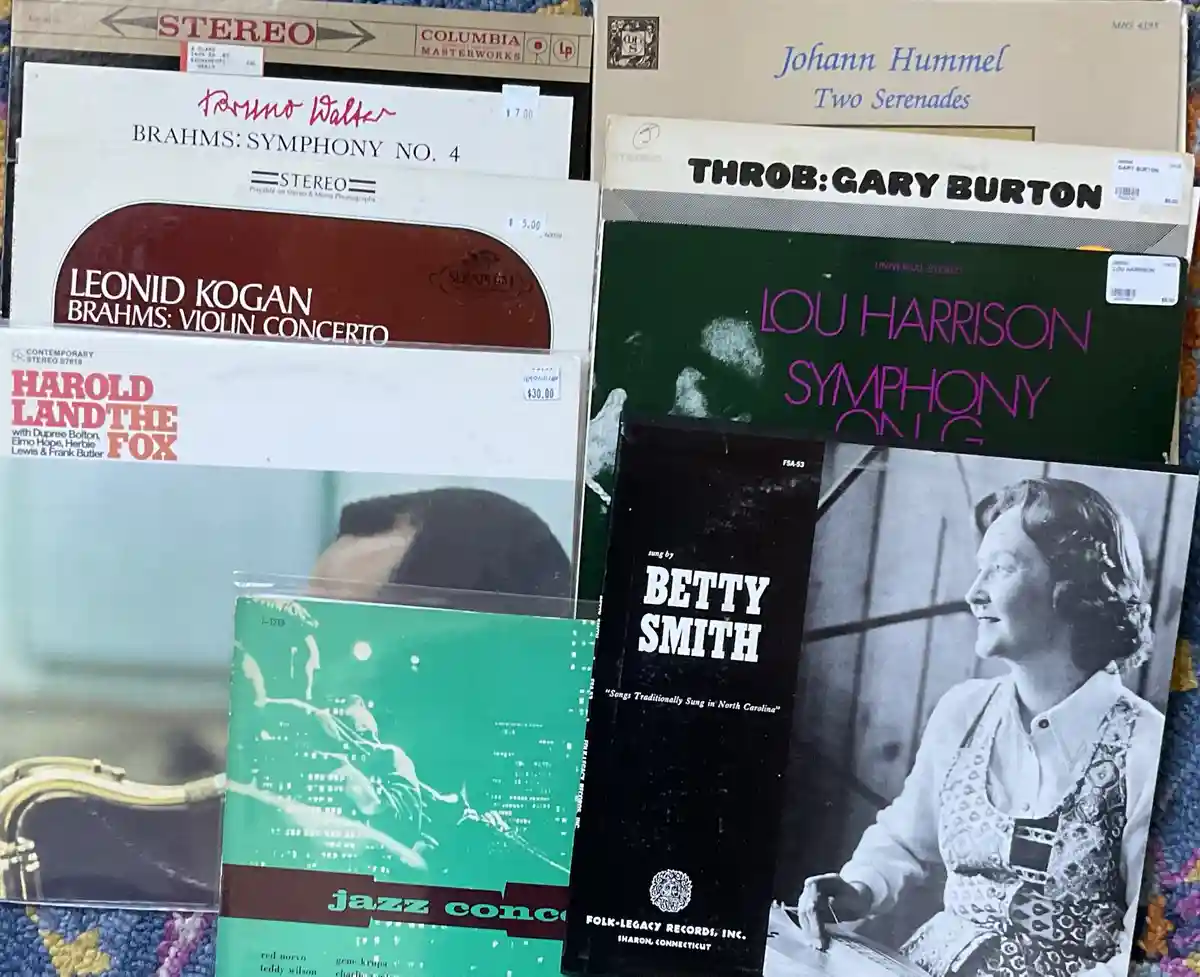 A collection of vintage vinyl record album covers is displayed, including works by Leonid Kogan, Gary Burton, and Johann…