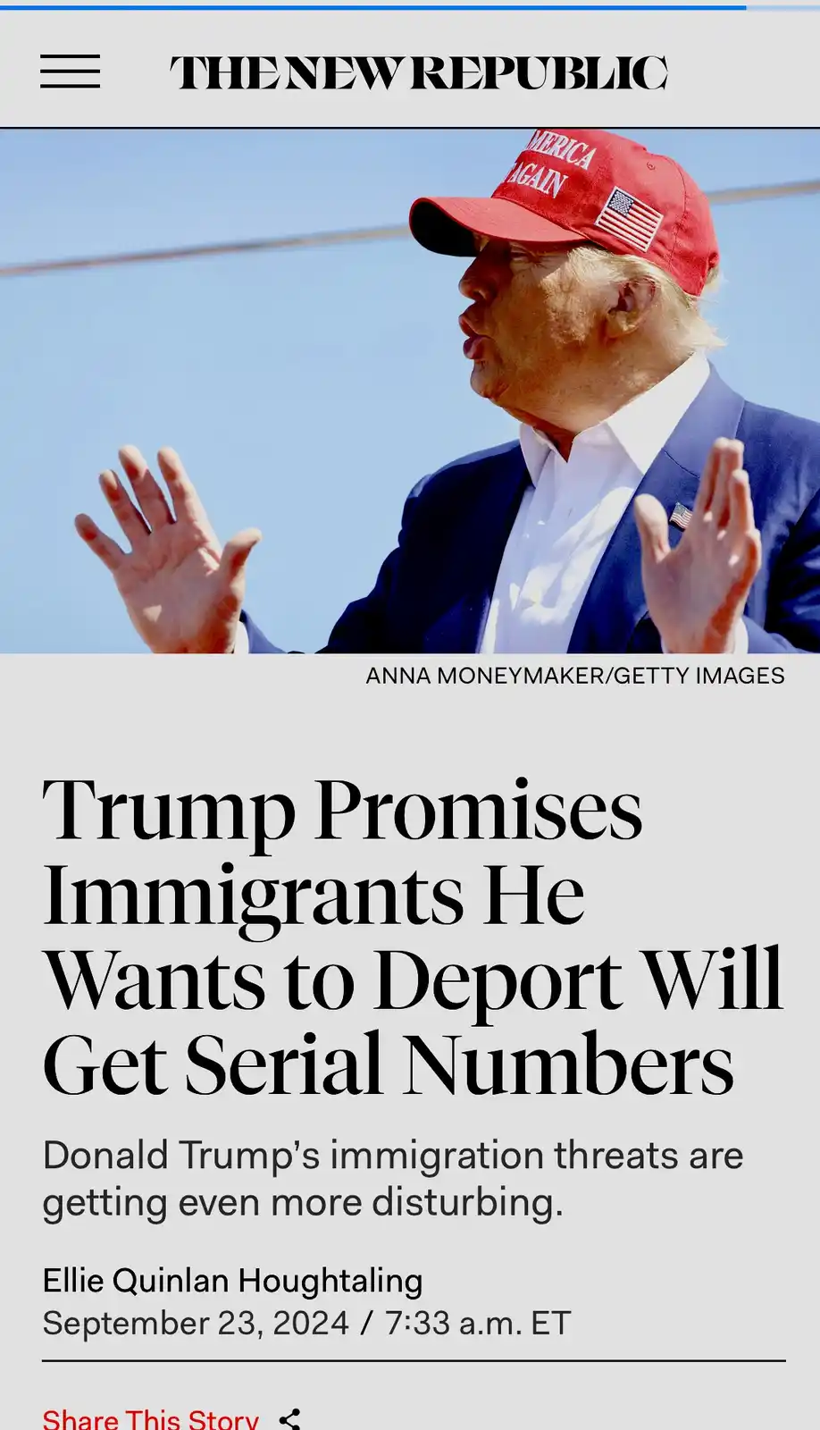A screenshot of a The New Republic news article featuring a photo of Donald Trump wearing a red 'Make America Great Again'…