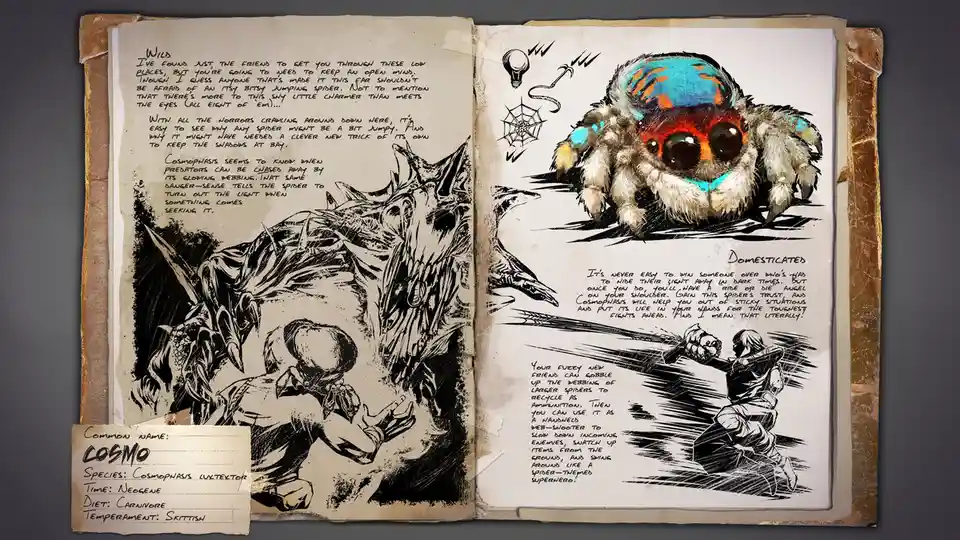 An open, aged field journal shows two pages detailing a creature called 'Cosmo'. The left page, labeled 'Wild', depicts a…