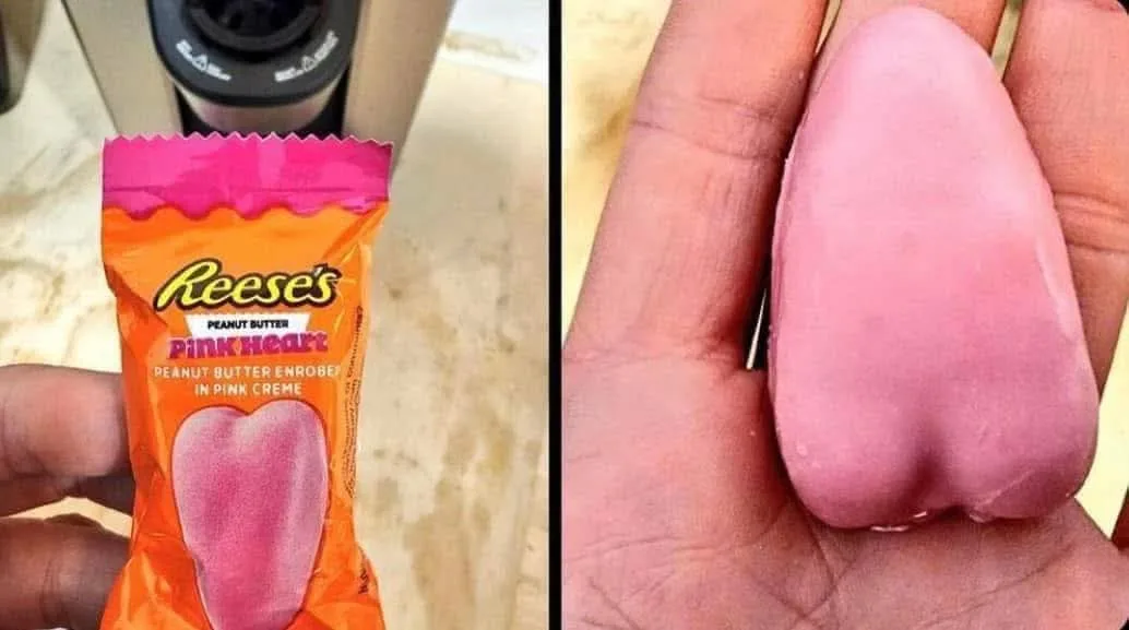 The image shows a split-screen: on the left, a Reese's Peanut Butter Pink Heart candy in its orange and pink wrapper; on the…