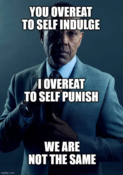 A man in a suit and glasses looks intensely at the camera while adjusting his tie. Overlaid text reads: 'YOU OVEREAT TO SELF…