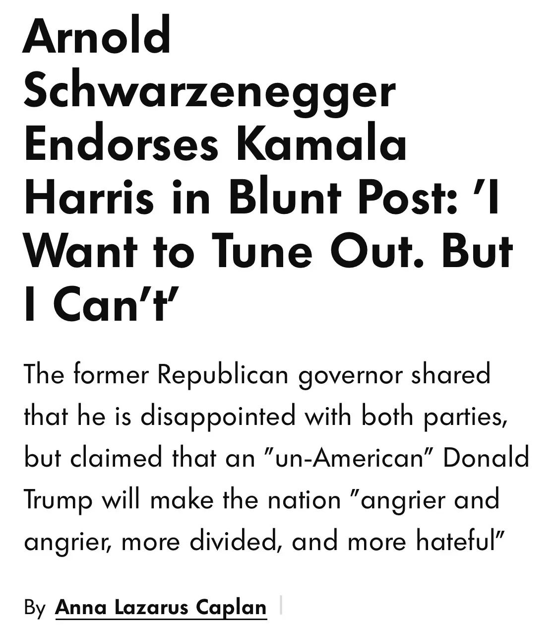The image displays a news article headline in large bold text stating 'Arnold Schwarzenenegger Endorses Kamala Harris in…