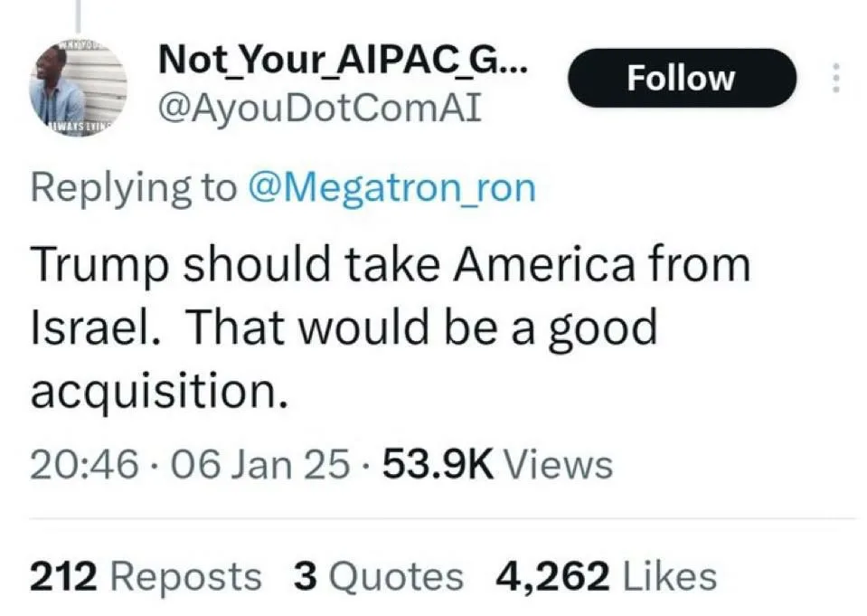 A screenshot of a tweet from the account @AyouDotComAI replying to @Megatron_ron. The tweet reads: 'Trump should take…