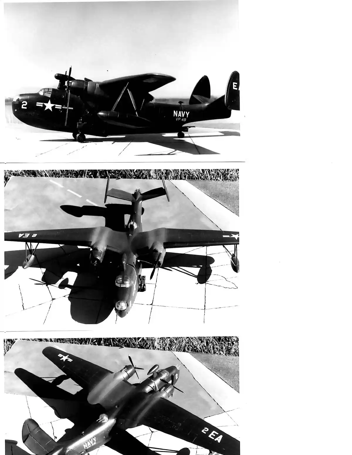 Three black-and-white photos show a Navy VP-49 aircraft from different angles: side view, top-down, and angled rear view…