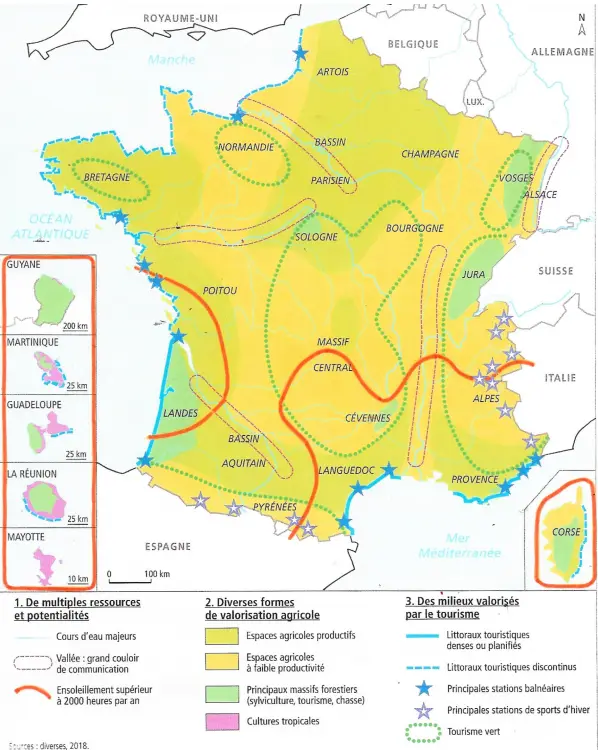 A map of France with overlaid text labels in French describing agricultural and tourism potential. The map highlights…