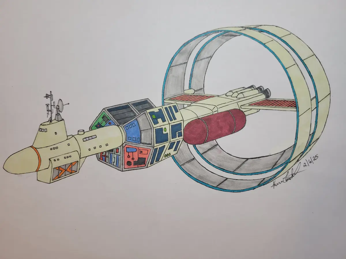 A hand-drawn, colored illustration of a spaceship with a large, circular ring structure attached to its rear, resembling a…