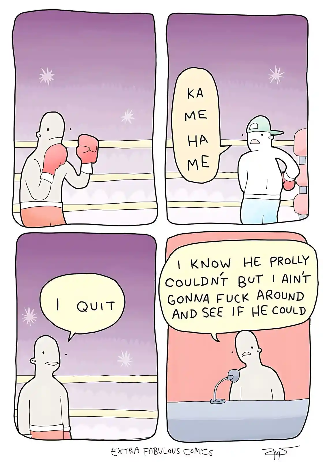 A four-panel comic shows a boxer in a ring facing an opponent who taunts him with 'KA ME HA ME'. The boxer then quits, but…