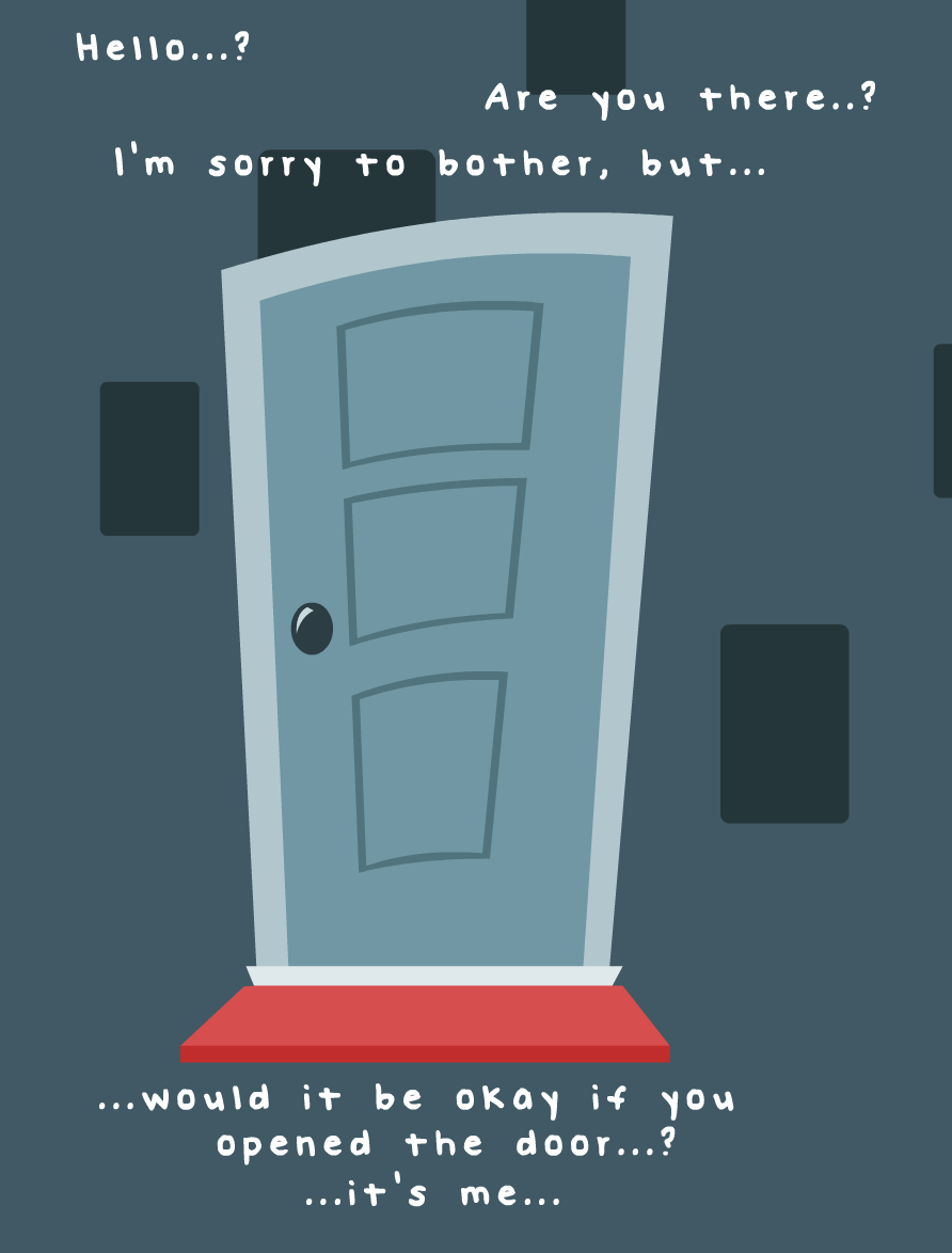 A cartoon illustration of a closed blue door with a red doormat, set against a dark gray wall with black rectangular shapes…
