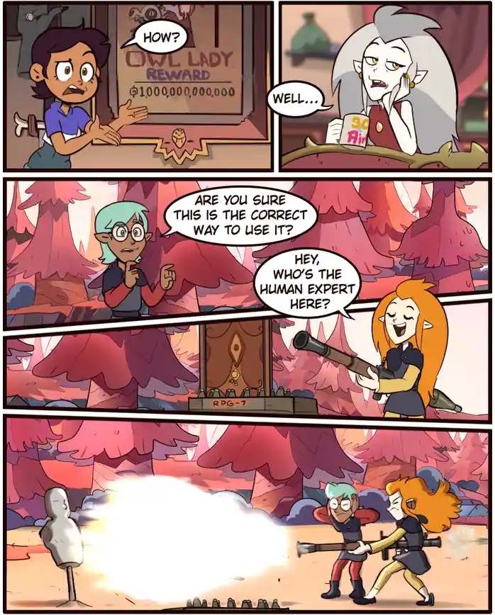 A comic strip from 'The Owl House' shows a character confused by a 'OWL LADY REWARD' poster with a huge number. Another…