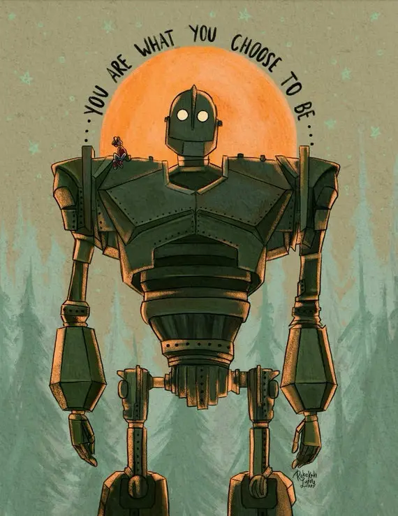 A large, green, vintage-style robot stands against a backdrop of a large orange sun and a teal sky with faint stars. A tiny…