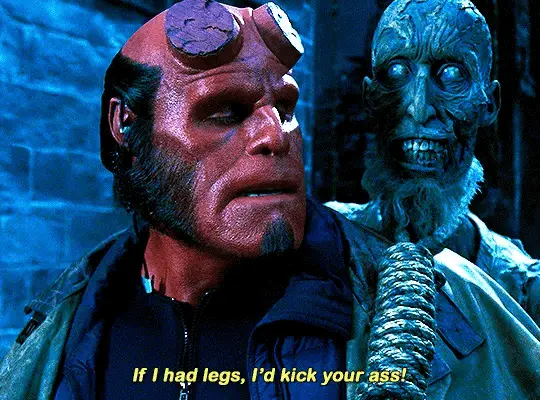 A six-panel meme showing the character Hellboy in a dimly lit, blue-toned setting, with a skeletal figure behind him. In…