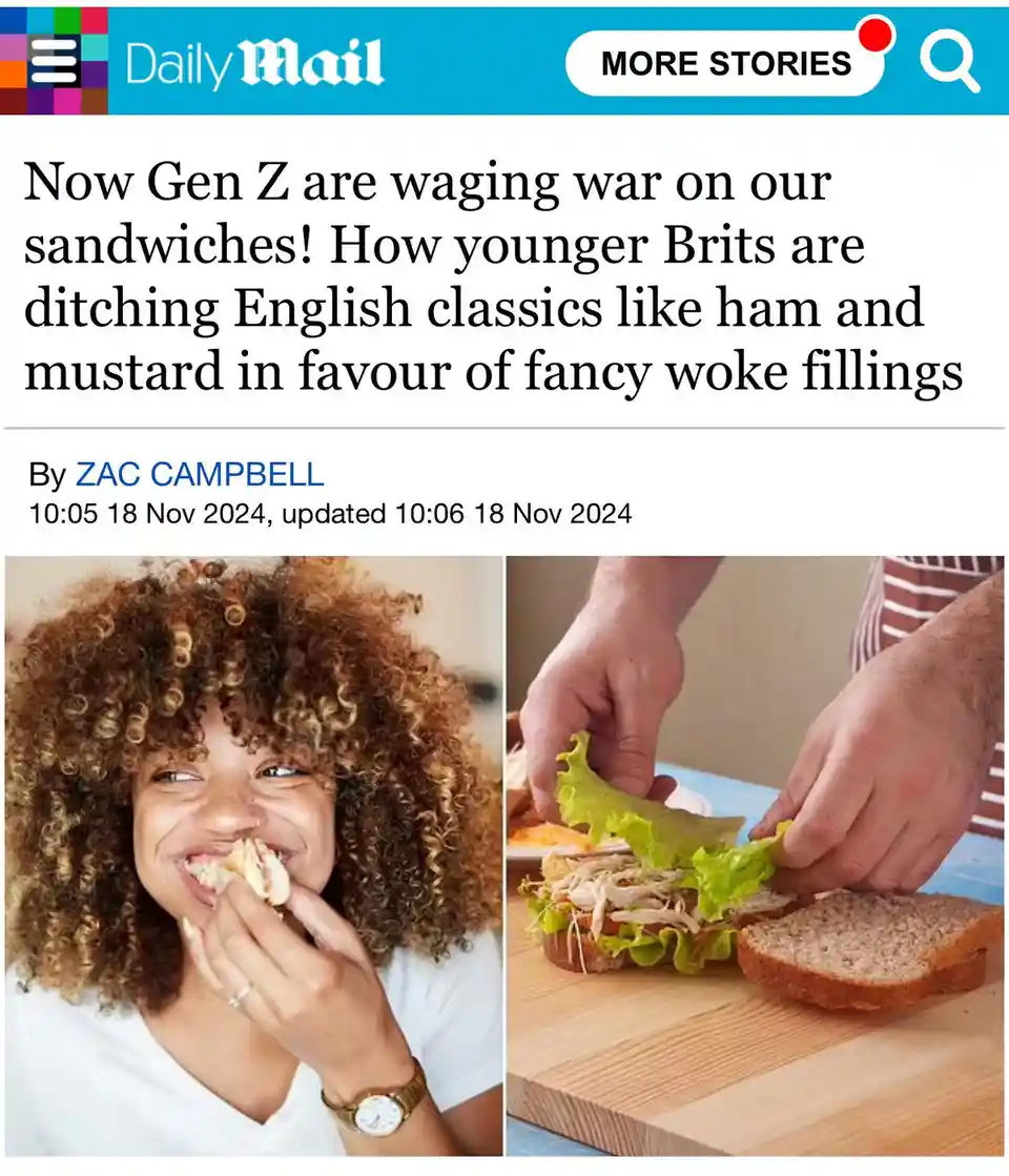 The image is a screenshot of a Daily Mail article with a headline about Gen Z changing sandwich preferences. It features a…