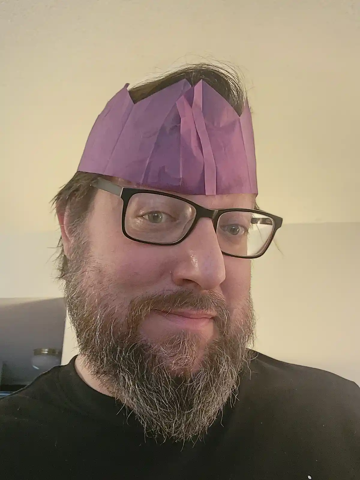 A man with a beard and glasses wears a purple, crumpled paper crown that sits awkwardly on his head, partially covering his…