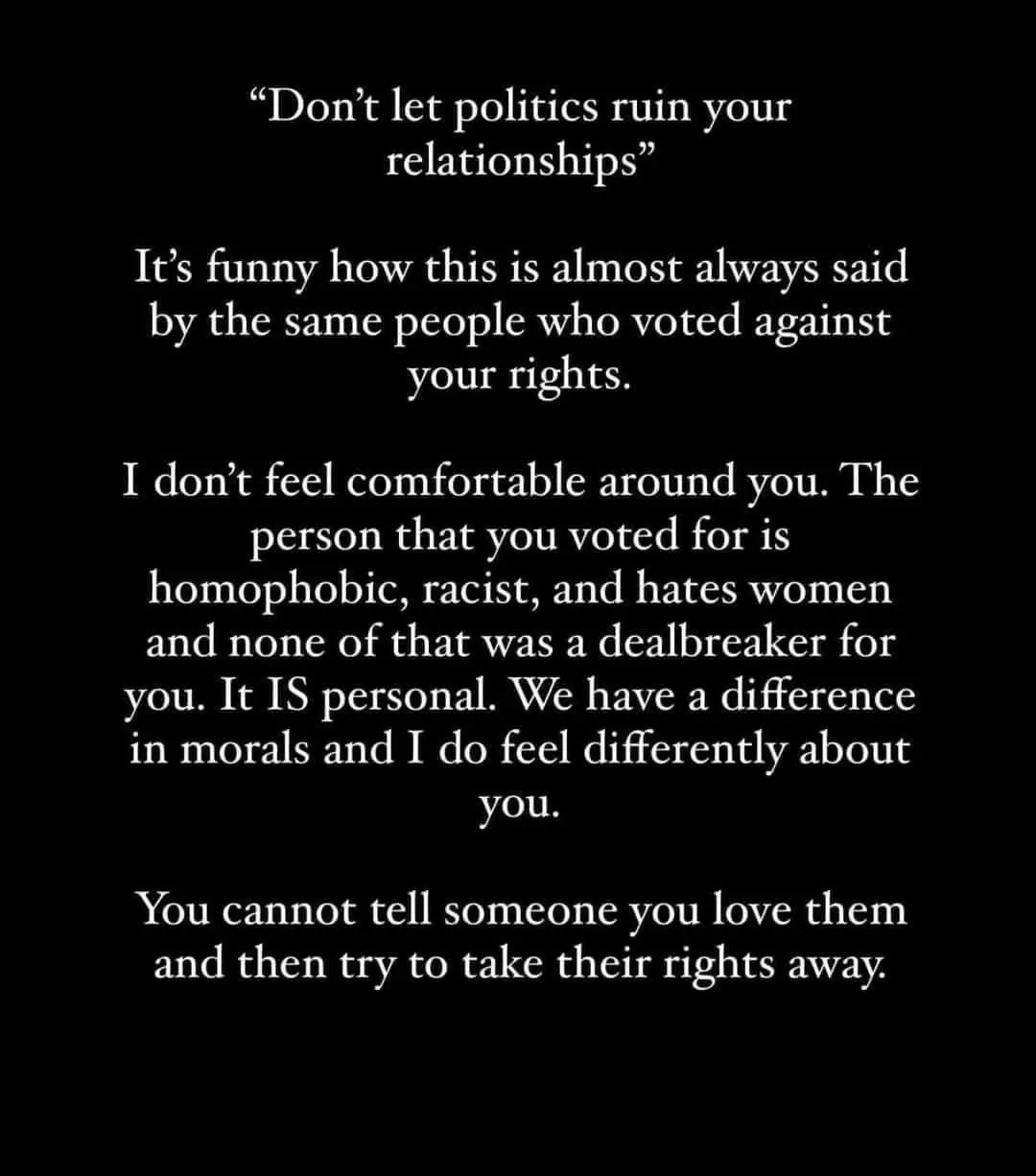 A black background with white text that reads: 'Don't let politics ruin your relationships.' It continues with a critique…