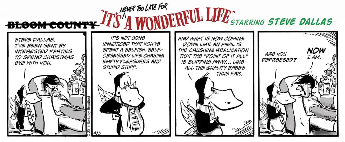 A four-panel Bloom County comic strip where an angel confronts Steve Dallas about his self-centered life, leading to his…