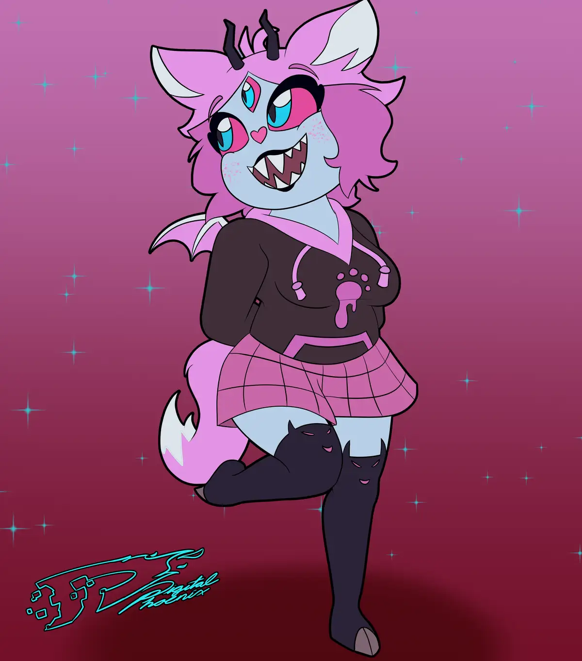 A stylized cartoon character with pink hair, horns, and a devilish grin poses confidently against a gradient pink and red…