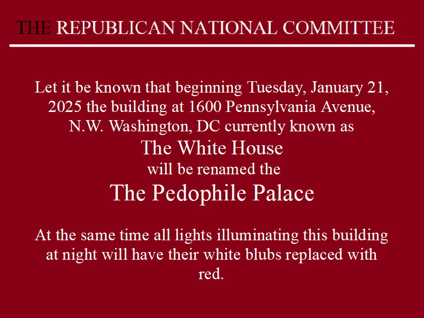 A red background image mimicking an official government notice from 'THE REPUBLICAN NATIONAL COMMITTEE' announces a…