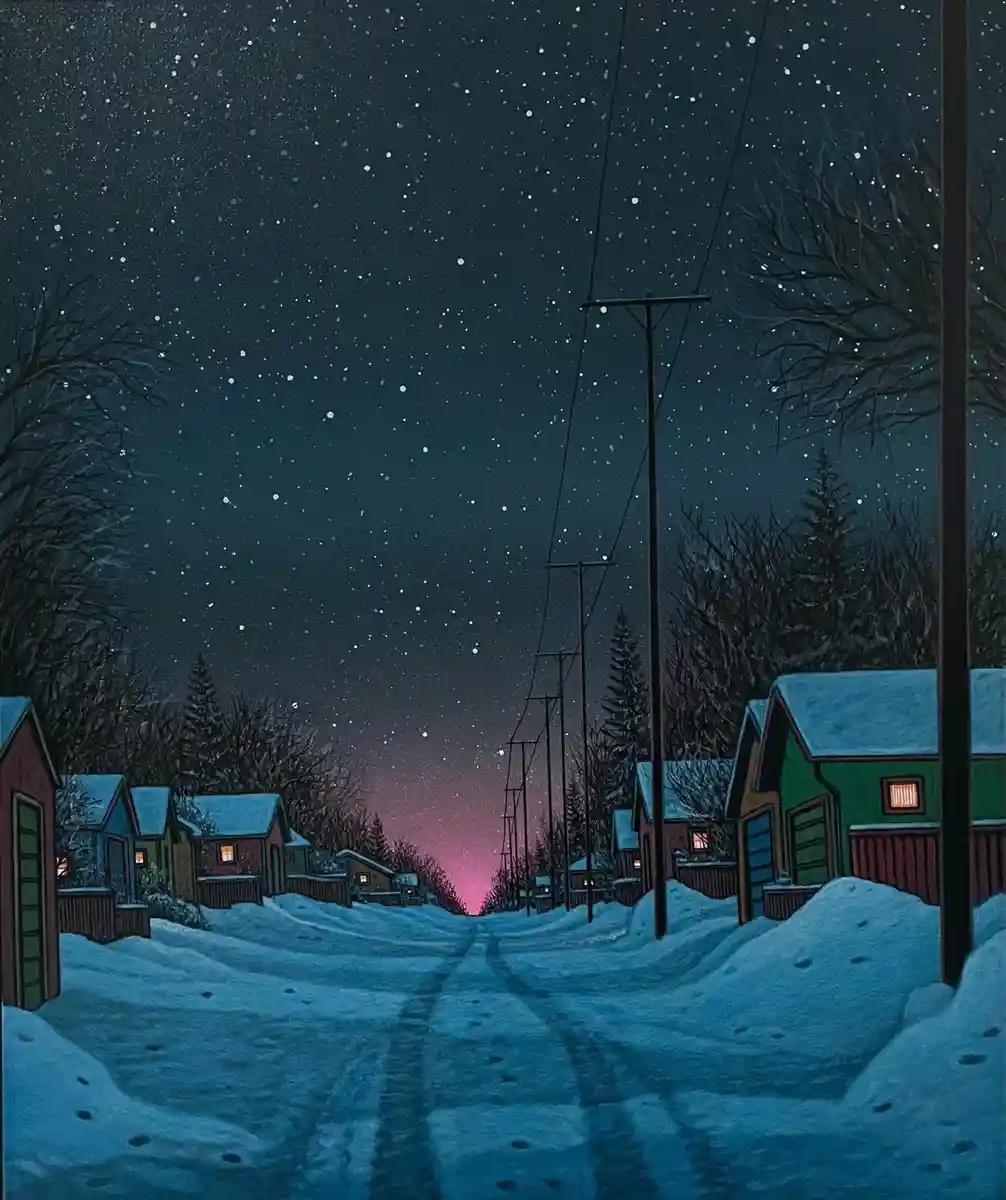 A serene, snowy night scene depicts a quiet residential street lined with colorful houses, their windows glowing warmly…
