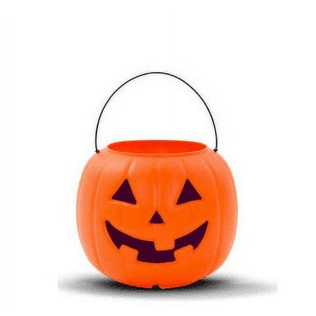 An orange plastic Halloween candy bucket shaped like a jack-o'-lantern with triangular eyes, a triangular nose, and a wide…