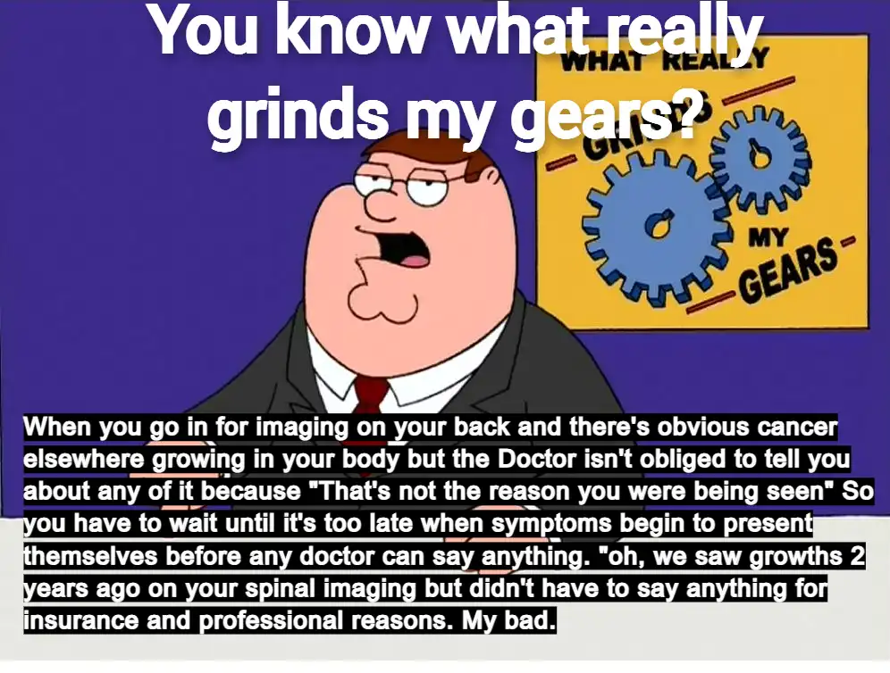 The image features Peter Griffin from Family Guy, looking frustrated and speaking. Behind him is a yellow sign with two blue…